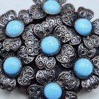 Vtg Flower Cluster Brooch Blue Glass Cabs Large Bouquet Layered Silver Tone Pin