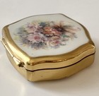 Vintage Stratton England Mini Pill Box Gold With Floral Enamel