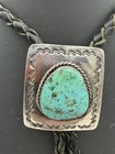 Vintage Navajo Kingman Turquoise Sterling Silver Bolo Tie Weaved Leather See Pic