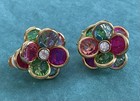 Vintage Multicolor Austrian  Crystal Cluster Flower Clip Earrings Gold Tone