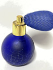 Vintage Dark Blue Cobalt Glass  Perfume Bottle With Cloth Atomizer Mcm Crackle