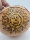 Native American Hand Etched Sun   Painted Gourd Leather Metal Trim Signed Artist