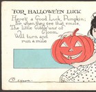 For Halloween Luck  little Goblin  Auburn 2335 Pumpkin Jol Weaver Girl Postcard