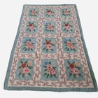 Vtg 1940s Hand Hooked Wool Rug Floral Aubusson Grid 63x40 Cottagecore Grannycore