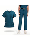Women Medical Scrub Set V-neck Top Straight Leg Pants Nurse Uniform S-xxl