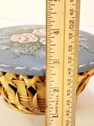 Vtg Wicker Woven Basket Blue Wood Hand Painted Lid Pink Roses Floral Flowers 6 