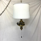 Vintage Swag Lamp Brass Hanging Light Pull Chain Drum Shade Mcm Retro - Working