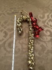 Vintage Gold Jingle Bell Candy Cane Christmas Door Hanger Decor Red Bow