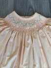 Vtg Infant Smocked Bishop Dress Floral Embroidery Puff Sleeves Ribbon Ties Peach