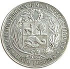 1880 Bf Republic Of Peru 5 Pesetas Coat Of Arms Silver Coin Km 201