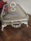 Vtg Silver Plated Square Footed Buffet Casserole Dish Holder W lid   Glass Pan 