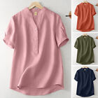 Women Summer Casual Loose Shirt Blouse Collarless V Neck Button Up Solid Tops Us