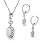 Oval-cut Simulated White Opal Halo 925 Silver Necklace   Leverback Earrings Set