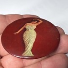 Celluloid Pocket Mirror Lady In Dress Antique Vanity 2 25   