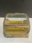 Vintage Ormolu Filigree Ornate Beveled Glass Jewelry Velvet Trinket Box Casket