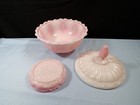 3 Piece Fenton Pink Rosalene Glass Covered Ogee Candy Box Dish W  Base