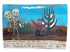 Mexican Folk Art Two-headed Skeleton Attacks Man Painted Tin Ex Voto Retablo