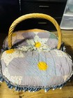 Vtg Big Quilted Cushioned Top Sewing Basket With Two-sided Lid   see Description