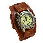 Mens Punk Wide Genuine Leather Belt Strap Cuff Bracelet Quartz Dial Wrist Watch