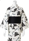 Japanese Yukata Set Women Cotton Kimono Summer Festival Black And White Obi Belt