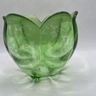 Vintage  Tulip Heavy Art Glass Cobalt Green  Three Footed Vase  4 X 4