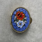 Vintage Micro Mosaic Floral Oval Gold Trinket Pill Box Mini Flowers