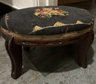 Vintage Needlepoint Footstool Floral Embroidery Wood Legs Oval Stool 14x10x9 
