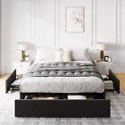 Full Queen Bed Frame With Storage  3 Drawers  Fabric Upholstered Platform Bed