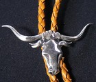 Sterling Silver Steer Head Native American Bolo Tie Stylized Sun Signature