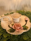 Vintage Lefton Bisque Porcelain Candle Holders With Pink Roses   Gold  Flawless 
