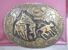 Vintage Solid Brass Western Rodeo Calf Roping Cowboy Plumes Trophy Belt Buckle