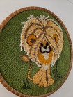 Vintage Latch Hook 36  Giant Round Lion Rug On Hand Woven Rattan Basket 1970s