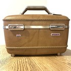 Vtg American Tourister Train Makeup Case Brown Hard Shell With Key And Id Tag