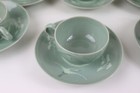 4 Pcs Korean Celadon Crane Cloud Lotus Cup Saucer Sugar   Cream  Artist Signed
