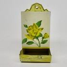 Vintage Tin Metal Match Holder Safe Box Wall Mount Yellow Roses Floral 1950s