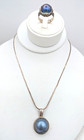 Vintage Mabe Pearl Necklace Ring Set 925 Sterling Silver Blue Gray Pearl