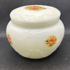 Antique Milk Glass Powder Jar Vanity Floral Glows    Uranium 