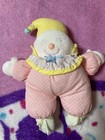 Vtg Eden Pastel Clown Plush Rattle Lovey Pink Yellow Bow Hat Baby Toy Stuffed