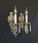 Vintage Antique Pair French Brass Crystal 1 Light Sconces Wall Lights