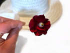 Hatpin With Dark Fabric Flower   Pearl  rhinestones Set In Gold Finish - 8 Inch