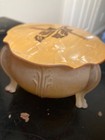 Vintage Art Deco Frosted Amber Glass Vanity Powder Jar Bakelite Celluloid Lid