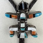 Beautiful Vintage Native American Sterling Silver Turquoise Coral Inlay Bolo Tie