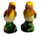 Vintage Handpainted Pair Of Colorful Bird Figurines Holding Berry In Beak japan