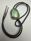 Vintage Signed Native American Sterling Silver   Green Turquoise Bolo Tie