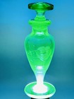 Vintage Uranium Green Eapg Glass Vanity Etched Perfume Bottle W  Stopper Glows