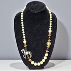 Vintage Chinese Cloisonn   Enamel Horse Necklace Ivory Tone   Black Beads Stateme