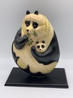 Vintage Felt Bottom Whimsical Panda W cub Flat Round Figurine On Black Base Used
