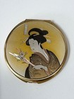Compact Mirror Japanese Geisha Girl Gold Tone Metal Womens Unmarked