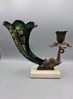 Antique Bohemian Glass Cornucopia Bronze Elephant Mounted Vase Candle Holder 