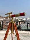Vintage Brass Telescope On Wooden Tripod Antique Maritime Spyglass Floor Stand 